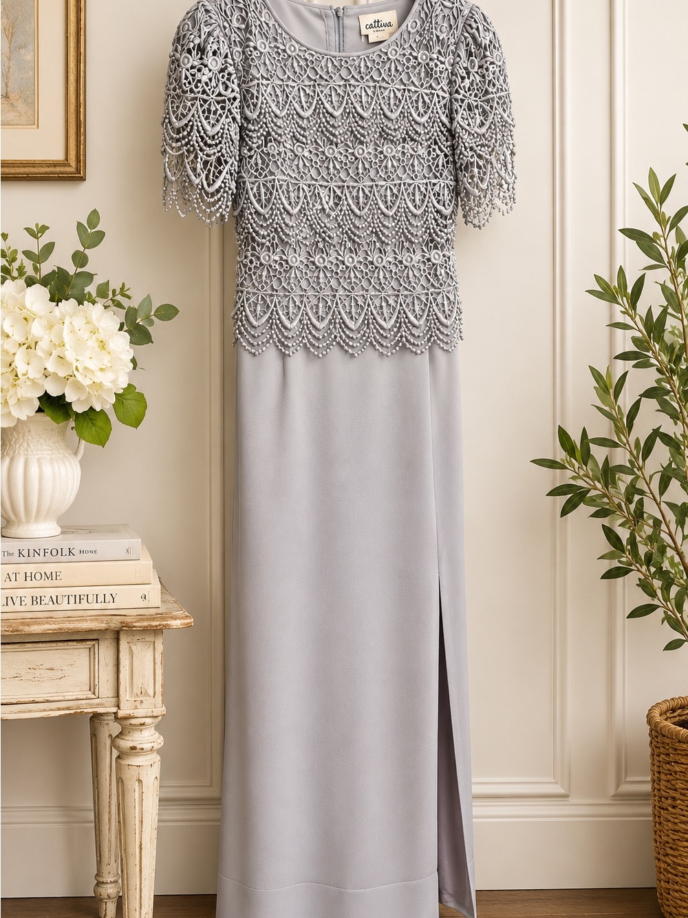 Cattiva Lace Bodice Evening Dress in Light Gray